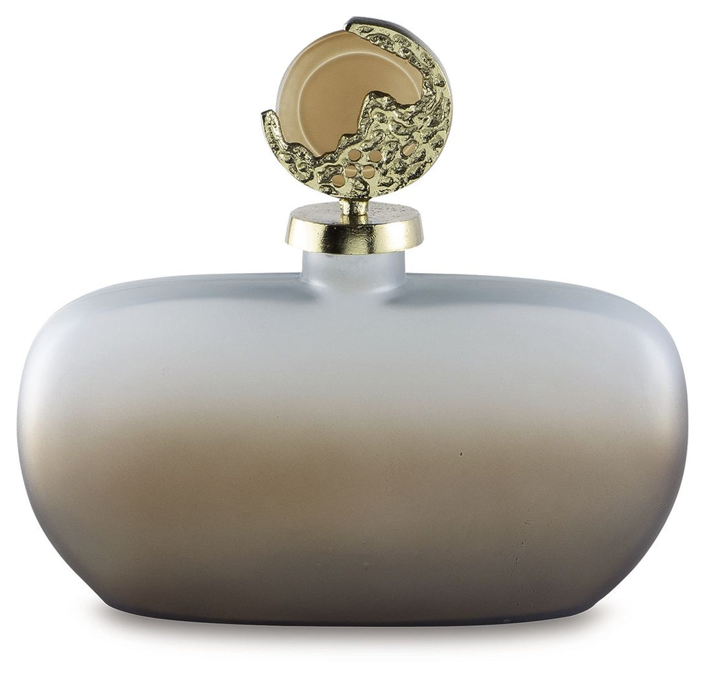 Decorative jar with frosted round body and detailed gold-tone hinged lid