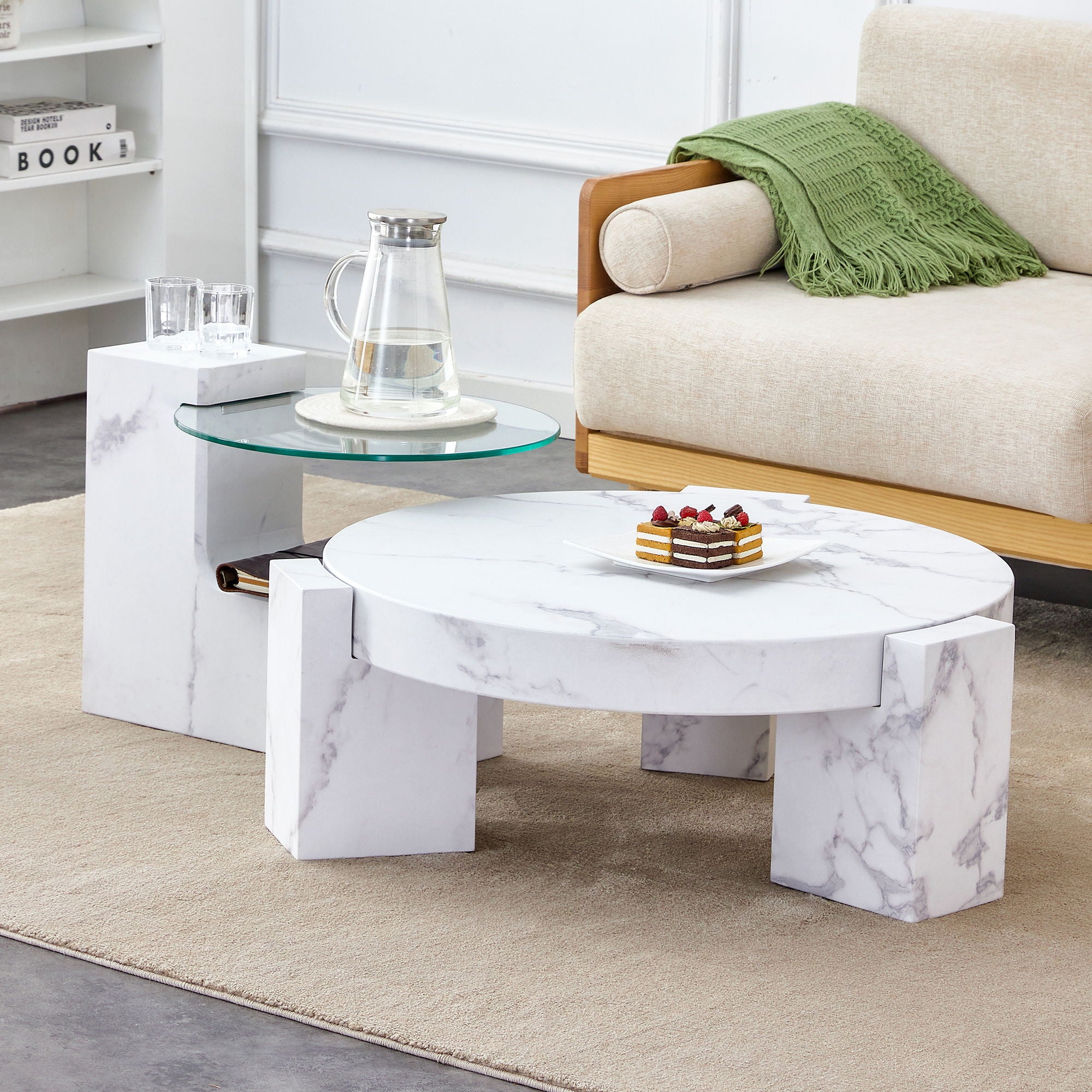 A Modern, Fashionable, And Durable Marble Textured MDF Coffee Table With A Side Table, Match With Multiple Scenes, Suitable For Living Room And Bedroom