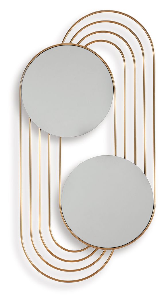 Gold-finish accent wall mirror with two round mirrored panels and arched metal frame