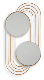 Gold-finish accent wall mirror with two round mirrored panels and arched metal frame