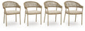 Set of 4 beige woven arm chairs with light cushions, front view.