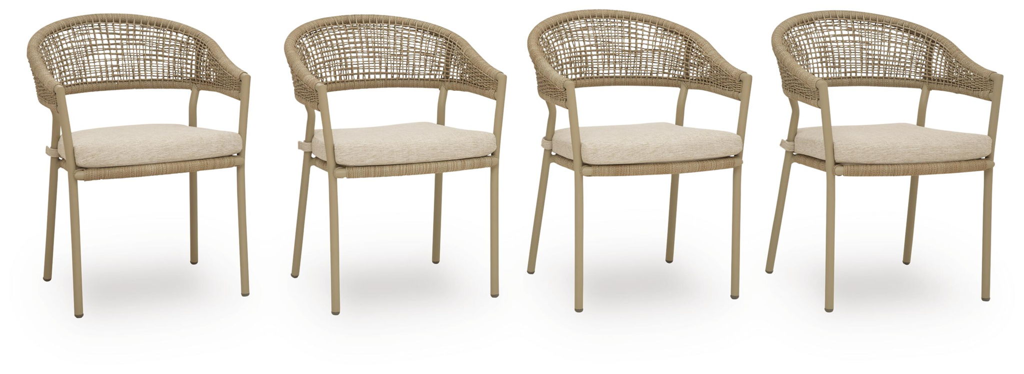 Set of 4 beige woven arm chairs with light cushions, front view.