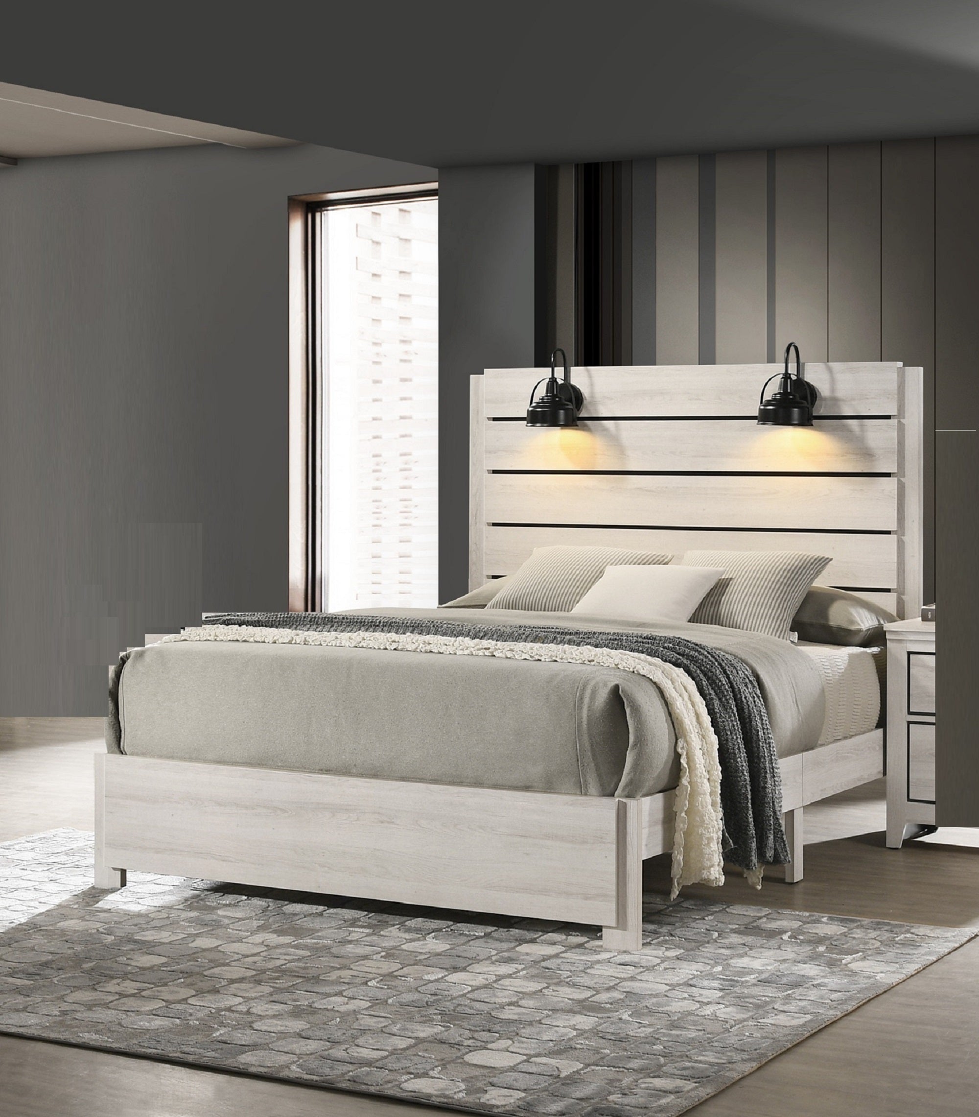 Rustic Queen Bed with Butcher Block Finish - Weathered Cream