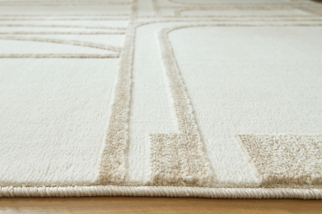 Beige rug close-up with border trim and textured flat surface