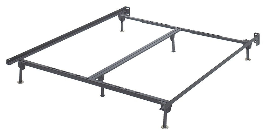 Metal platform bed frame with bolt-on rails and support legs, dark finish