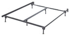 Metal platform bed frame with bolt-on rails and support legs, dark finish