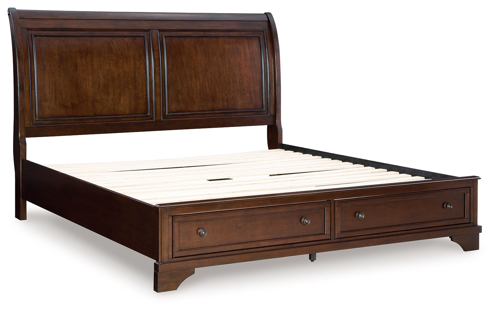 Brown king storage bed frame with slatted base and two drawers at the foot