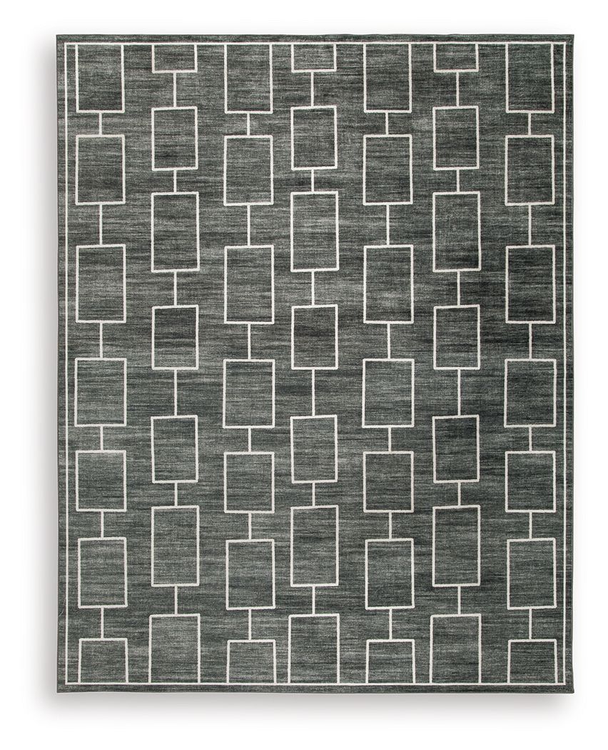 Elderland washable rug in dark gray with white geometric rectangle pattern