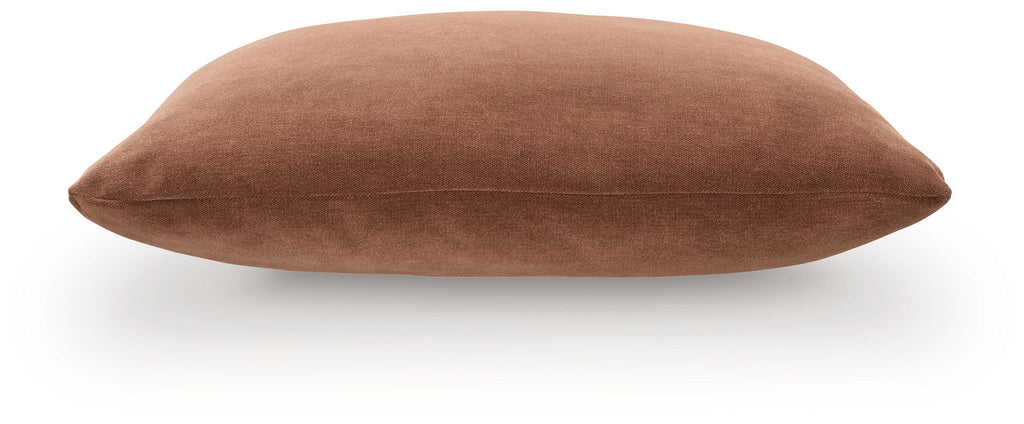 Jaxkins square pillow in medium brown fabric, side view