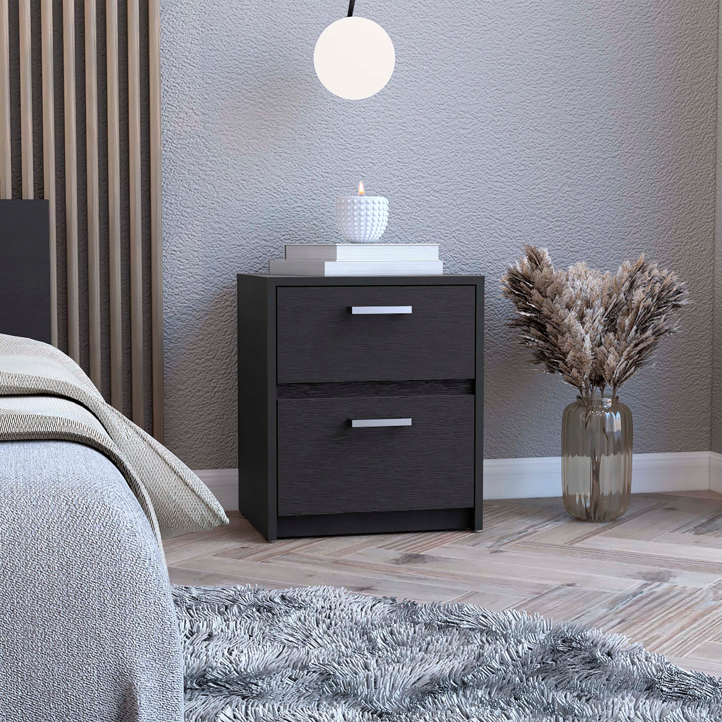 Trivor Black Nightstand: 2 Drawers, End & Side Table, Metal Handles