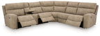 Beige power reclining sectional sofa with corner chaise, open footrest, and recliners