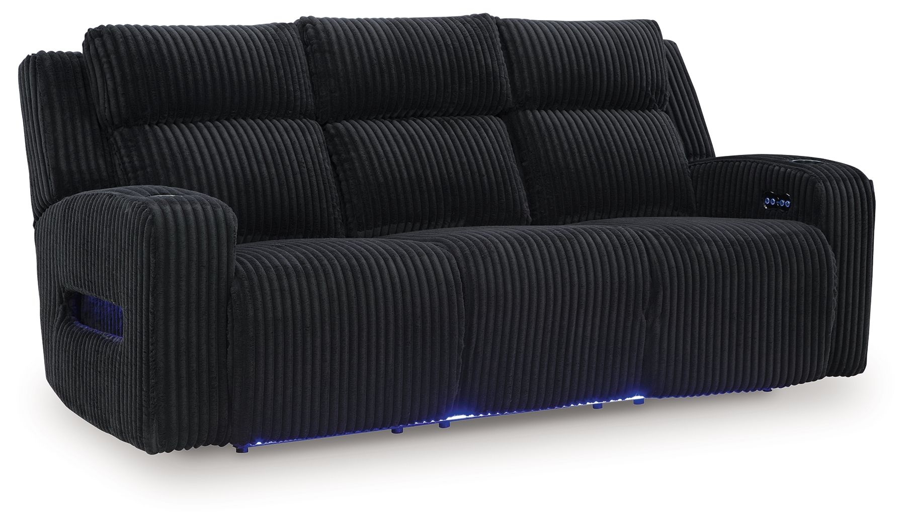 Power reclining sofa with adjustable headrests, black ribbed upholstery
