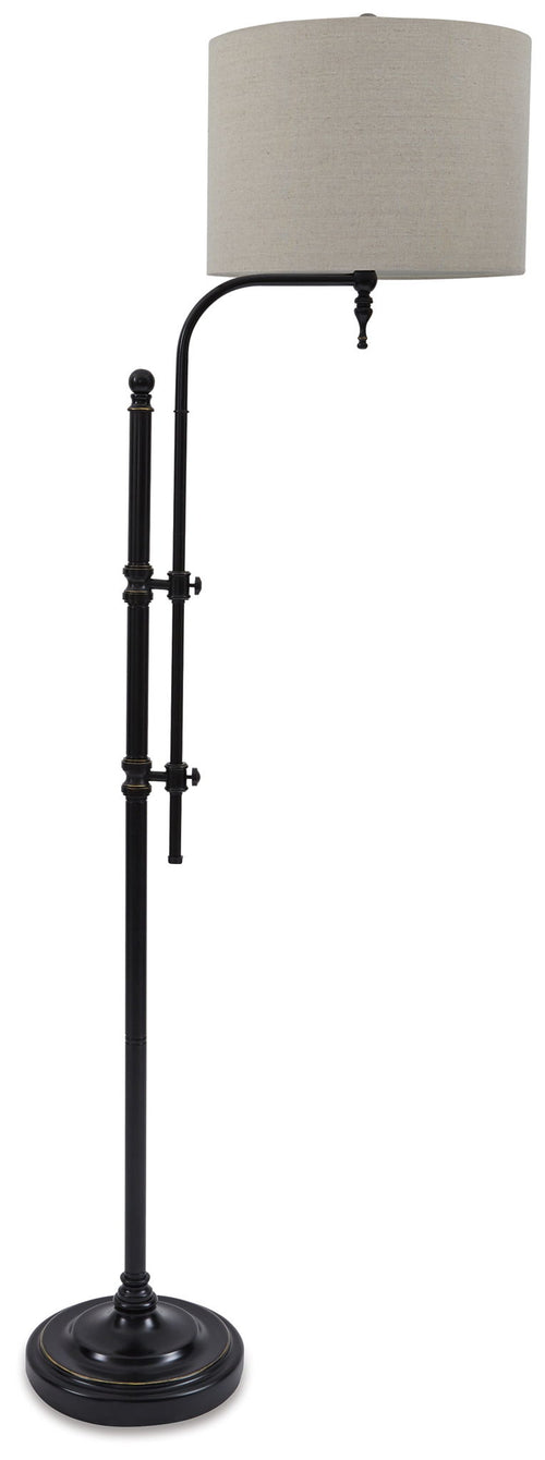 Black metal floor lamp with beige drum shade and curved stem