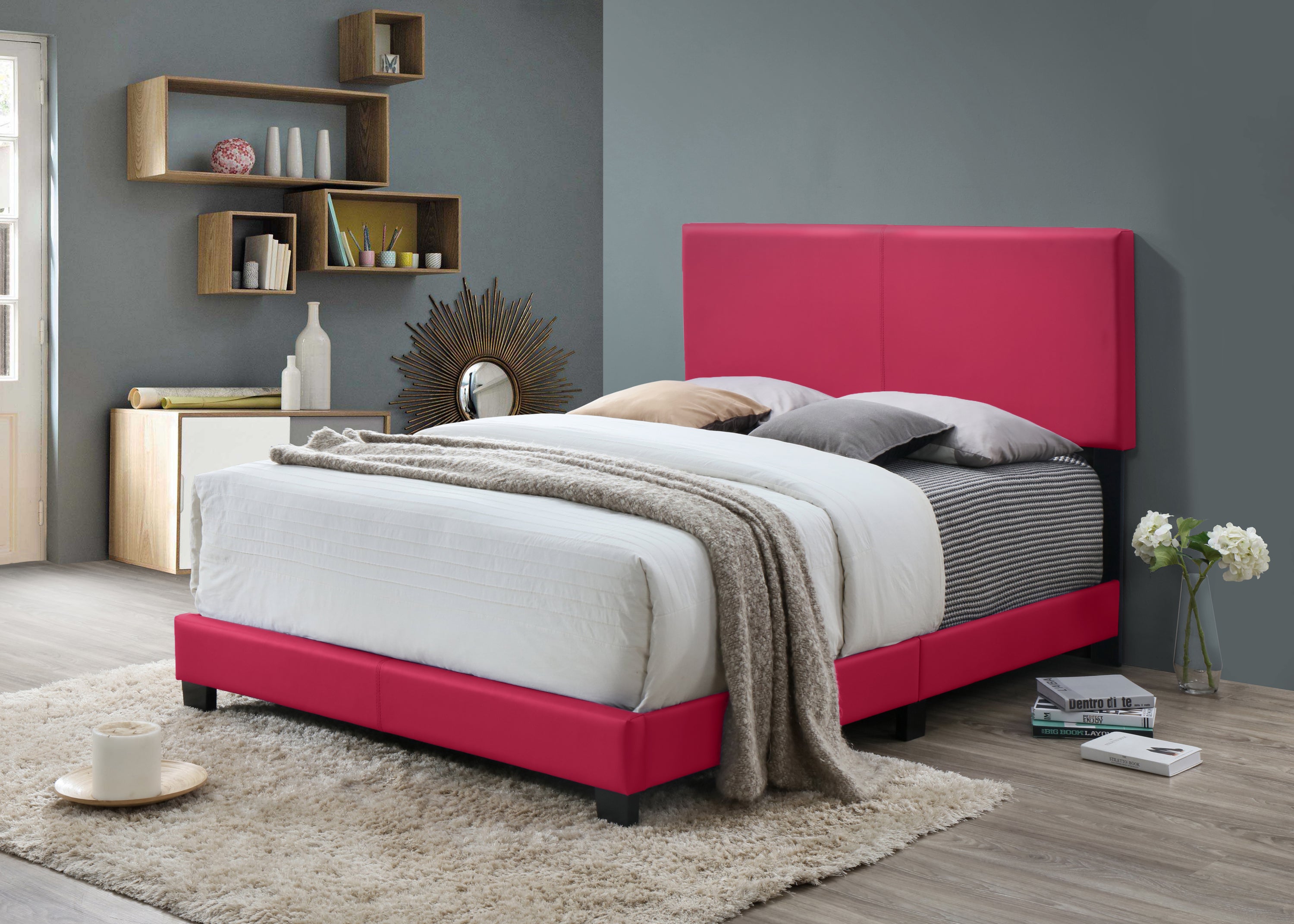Modern Pink Full Size Platform Bed Frame - PU Leather Bedroom Furniture