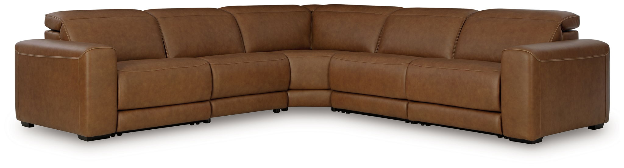 Caramel reclining sectional sofa with low profile and corner chaise
