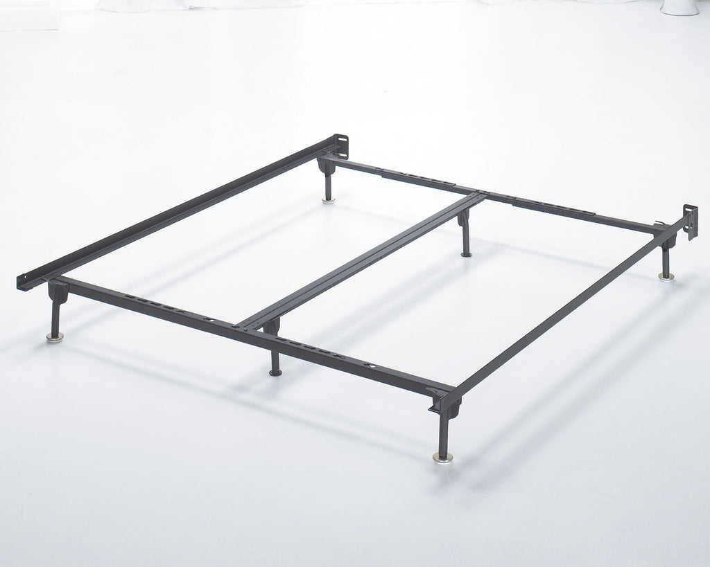 Metal platform bed frame with cross rails and support legs, dark finish