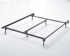 Metal platform bed frame with cross rails and support legs, dark finish