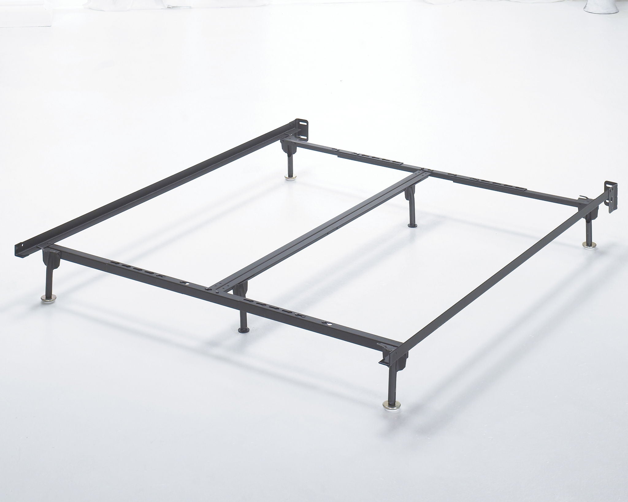 Metal platform bed frame with cross rails and support legs, dark finish