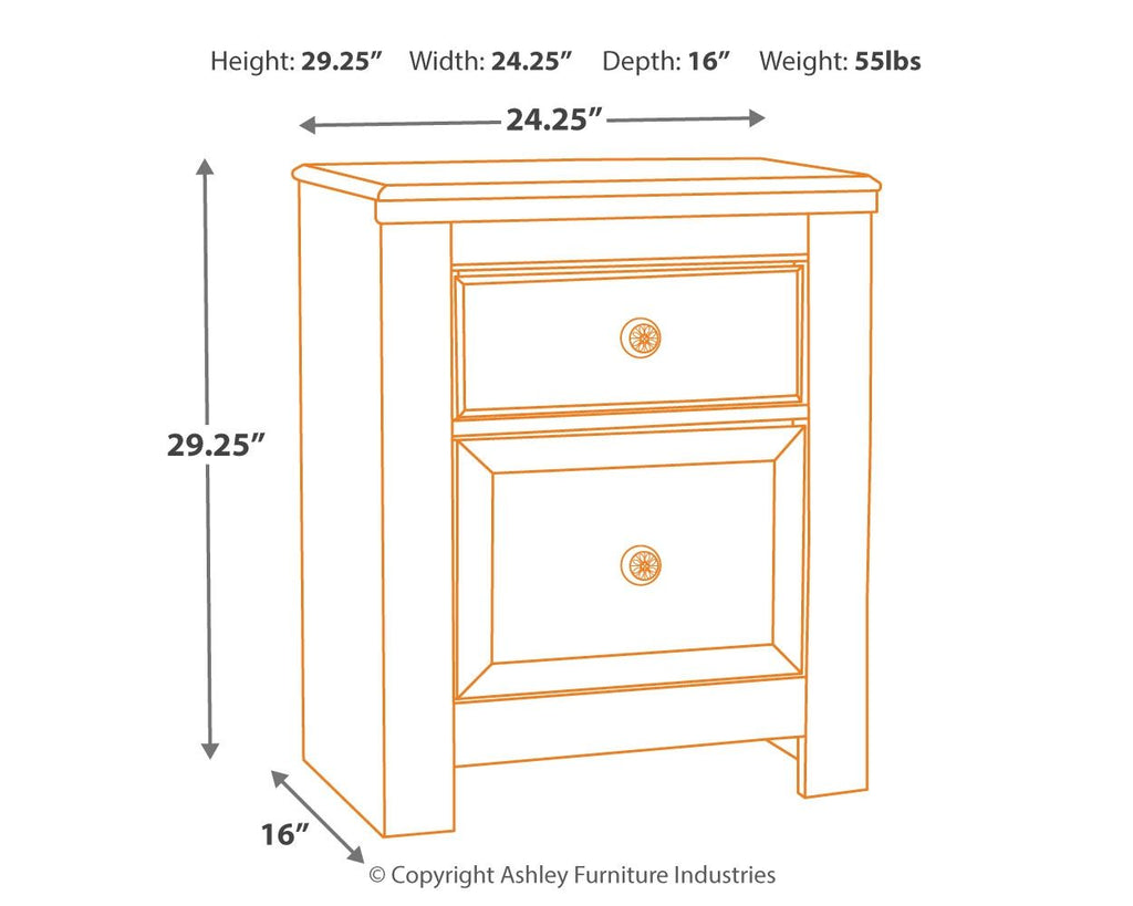 Two-drawer night stand dimensions diagram: 29.25 in H, 24.25 in W, 16 in D