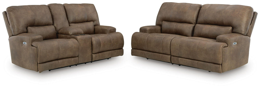 Power reclining loveseat and sofa set in dark brown fabric, tufted back, arm switches