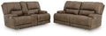 Power reclining loveseat and sofa set in dark brown fabric, tufted back, arm switches