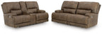 Power reclining loveseat and sofa set in dark brown fabric, tufted back, arm switches