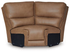 Caramel upholstered sectional wedge with rounded arms and two back cushions