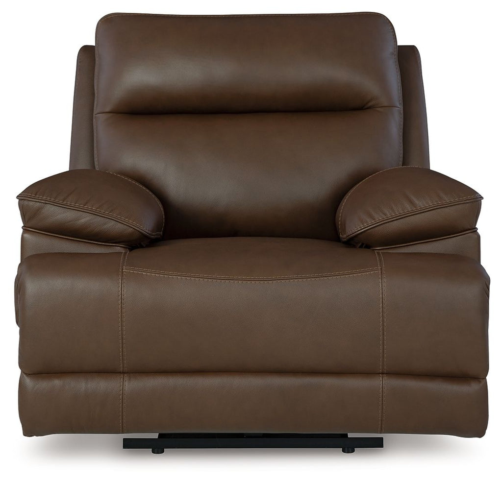 Tobacco brown power recliner chair front view with padded headrest and seat