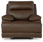 Tobacco brown power recliner chair front view with padded headrest and seat