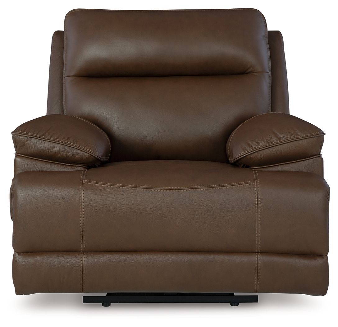 Tobacco brown power recliner chair front view with padded headrest and seat