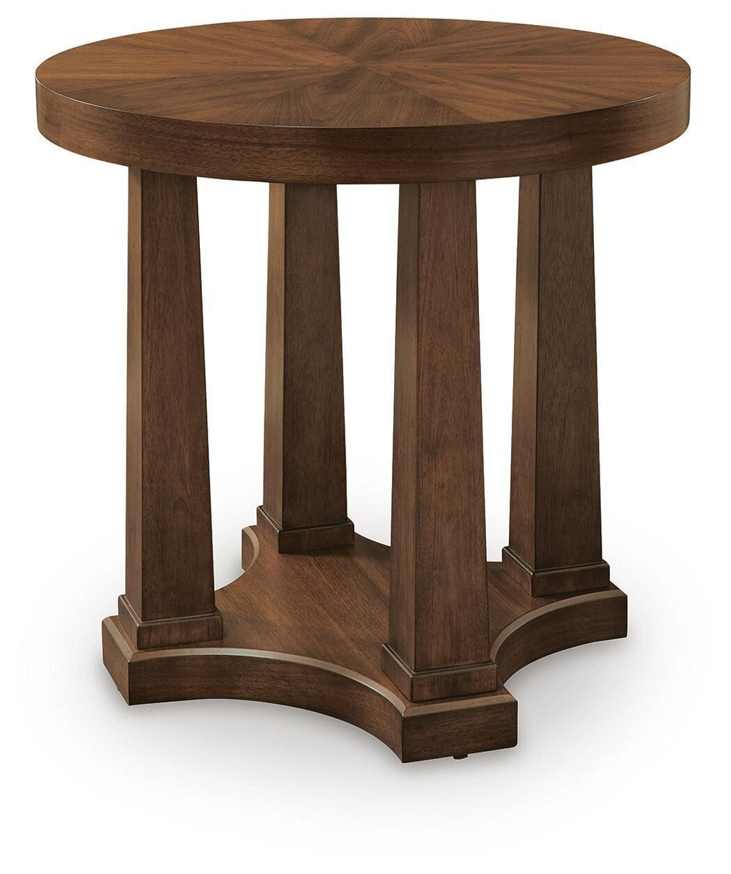Round wooden end table with pedestal base, light brown finish and round top