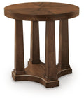 Round wooden end table with pedestal base, light brown finish and round top