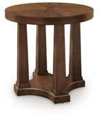Round wooden end table with pedestal base, light brown finish and round top