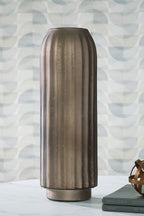 Metal vase, dark bronze, tall fluted sides and round foot base