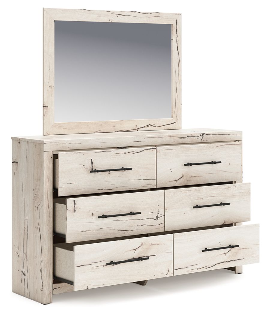 Storage bedroom set dresser with mirror and open shelving, light wood finish, dark pulls