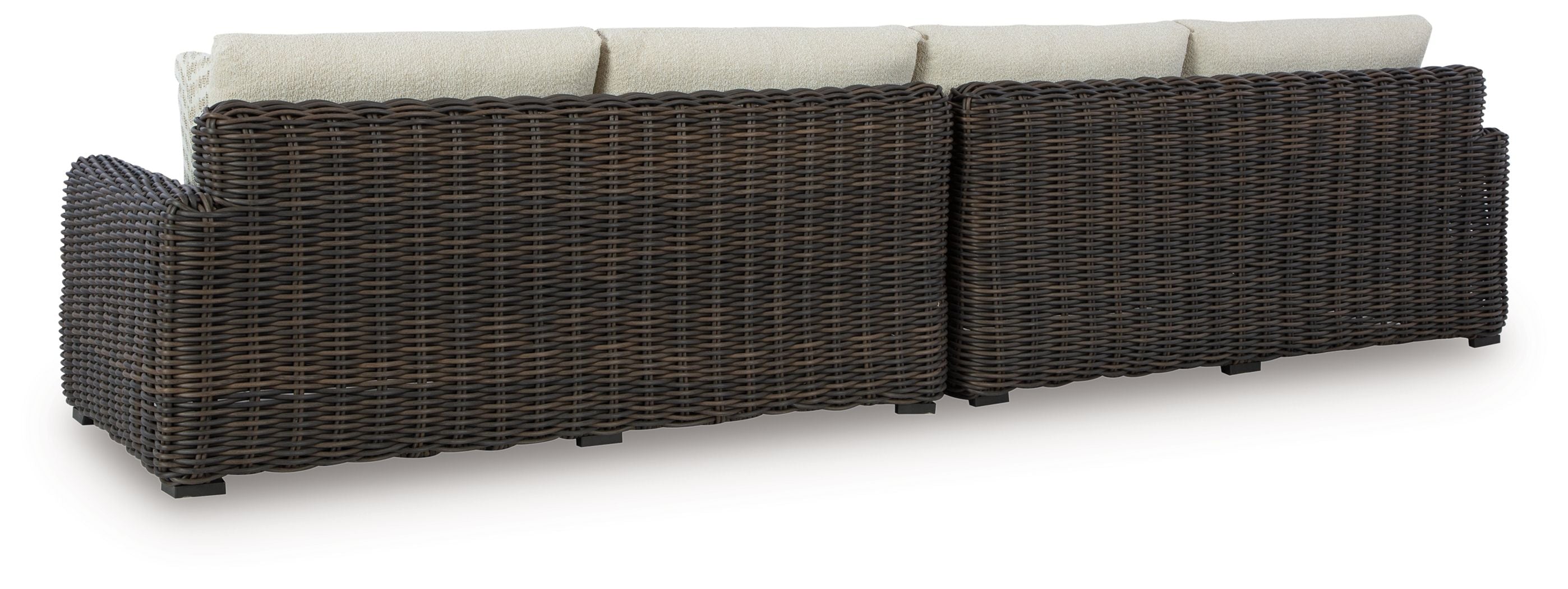 Dark brown wicker loveseat frame with beige back cushions and seat cushions