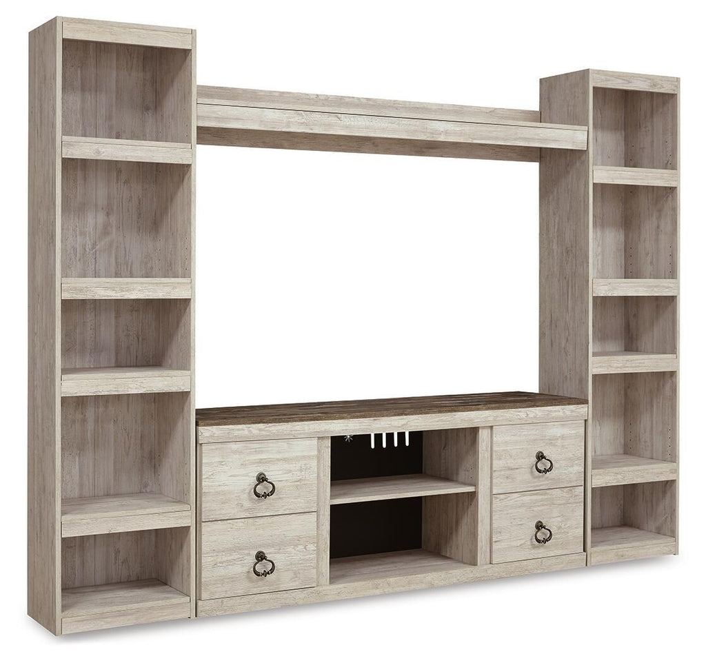 Whitewash 4-piece entertainment center with TV console, shelves, and storage drawers