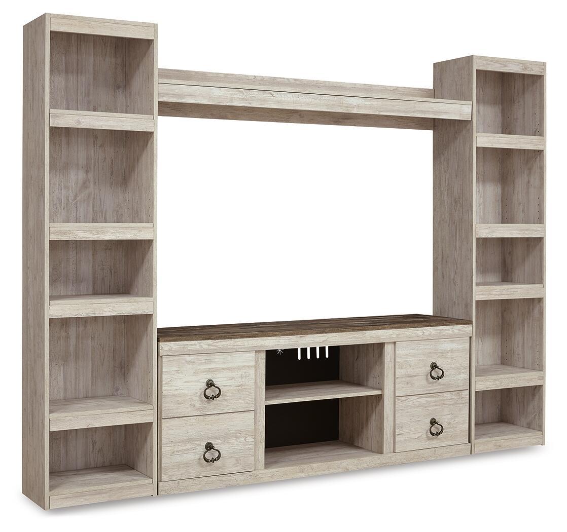 Whitewash 4-piece entertainment center with TV console, shelves, and storage drawers