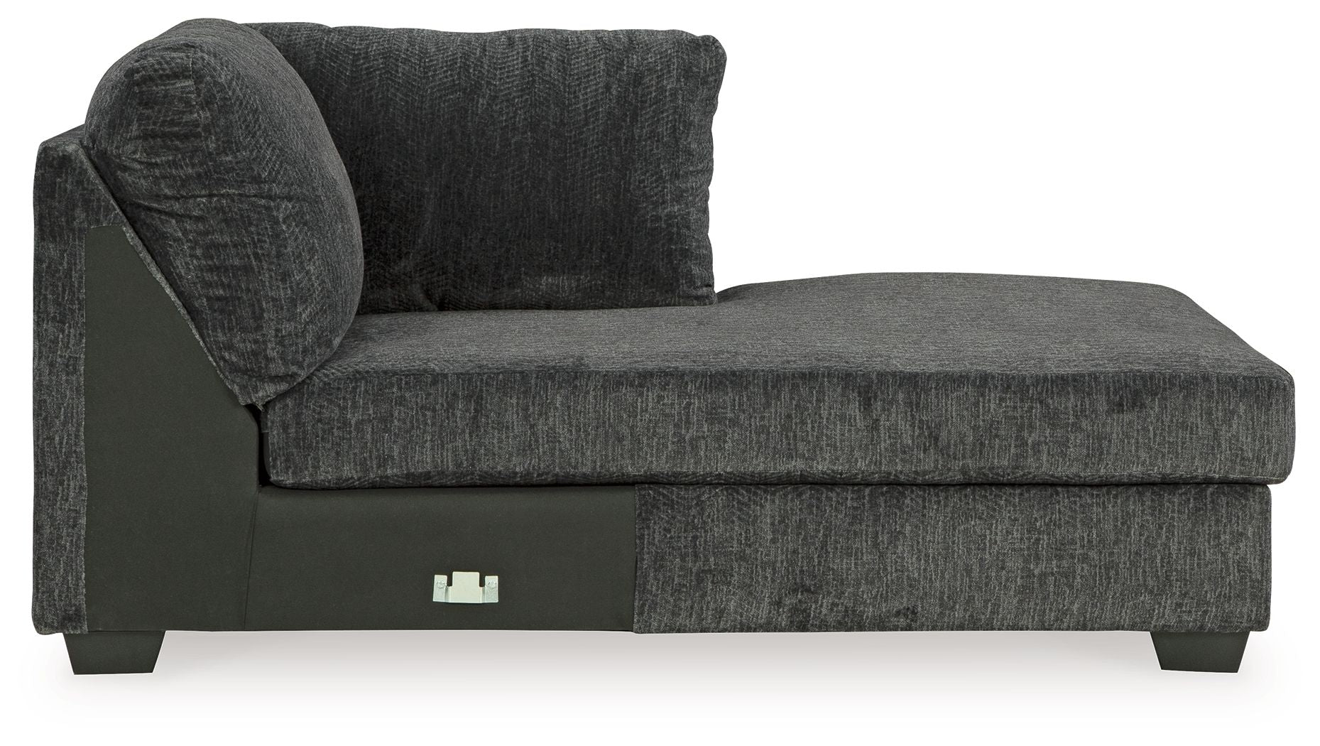 Dark gray fabric chaise with thick track arm and tall rounded back cushion, block feet.