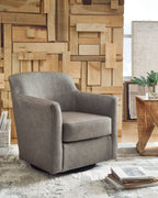 Gray swivel accent chair with cushioned arms, padded seat, and curved rotating base