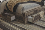 Wood bed base with side storage drawers and dark patterned paneling