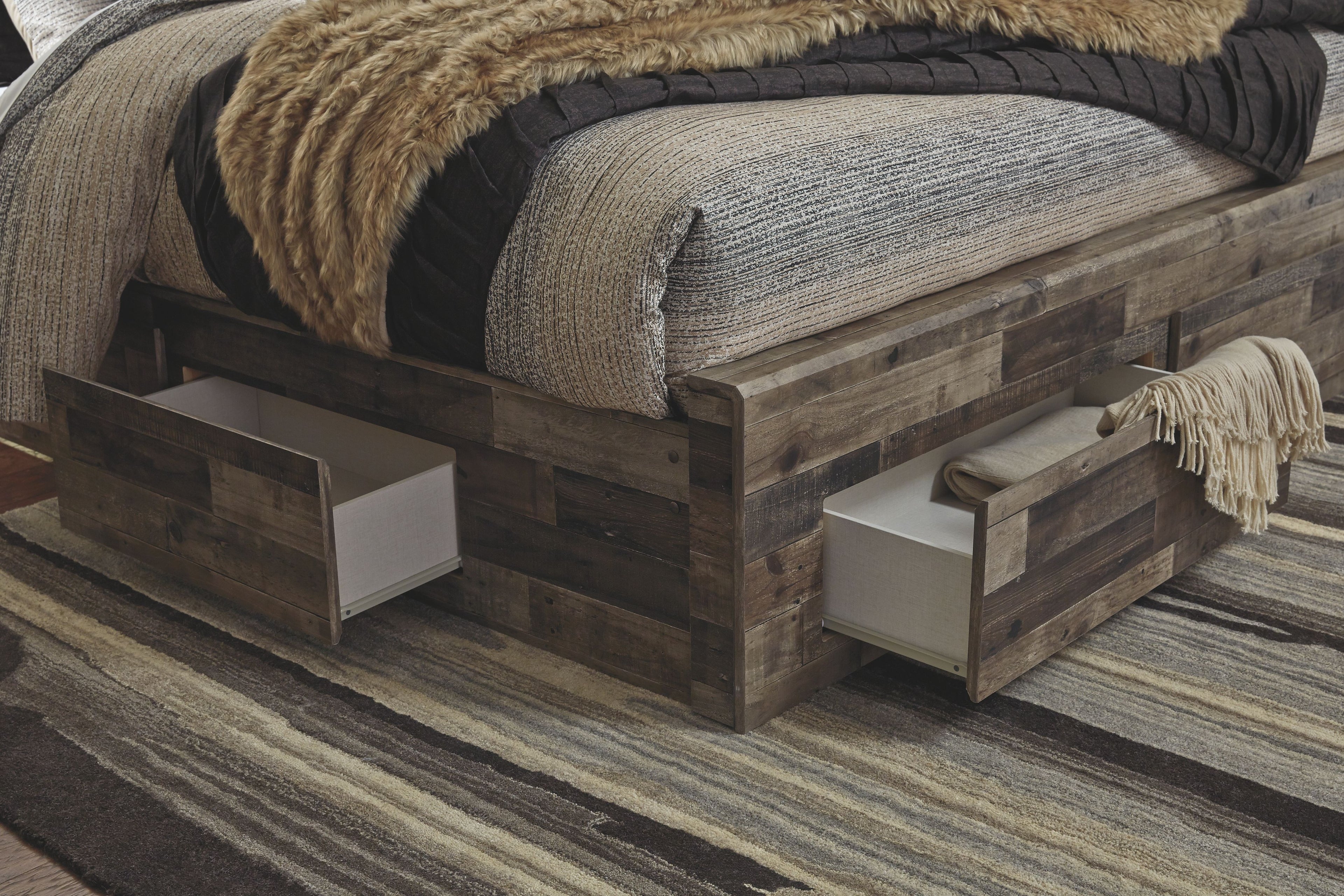 Wood bed base with side storage drawers and dark patterned paneling