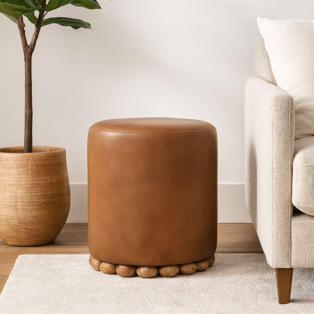 Bola Solid Wood Leather Stool - Handcrafted, Quality Accent