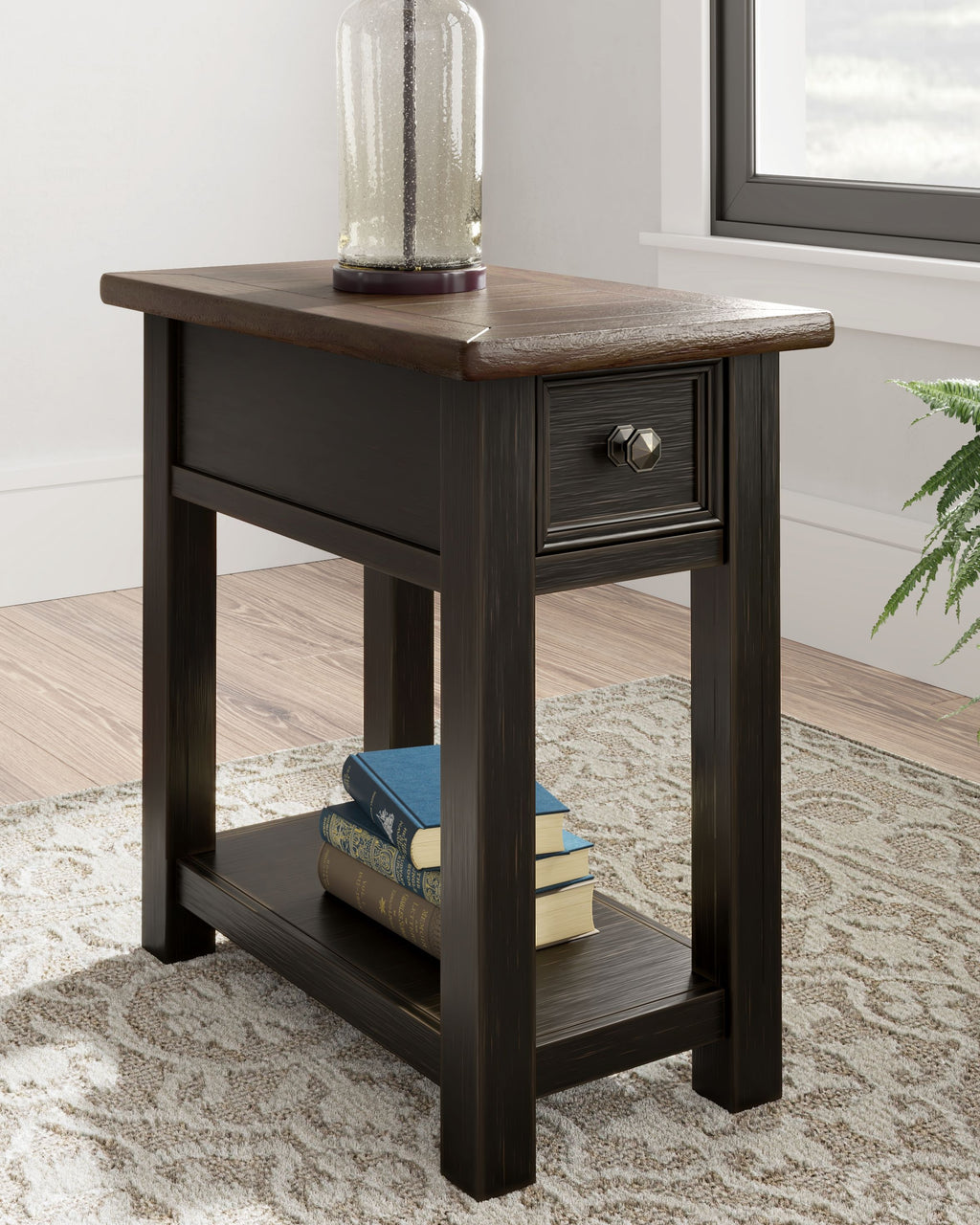 Dark chair side end table with drawer and open lower shelf.