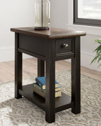 Dark chair side end table with drawer and open lower shelf.