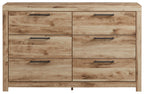 Tan wood six-drawer dresser with 6 drawers and metal bar pulls.