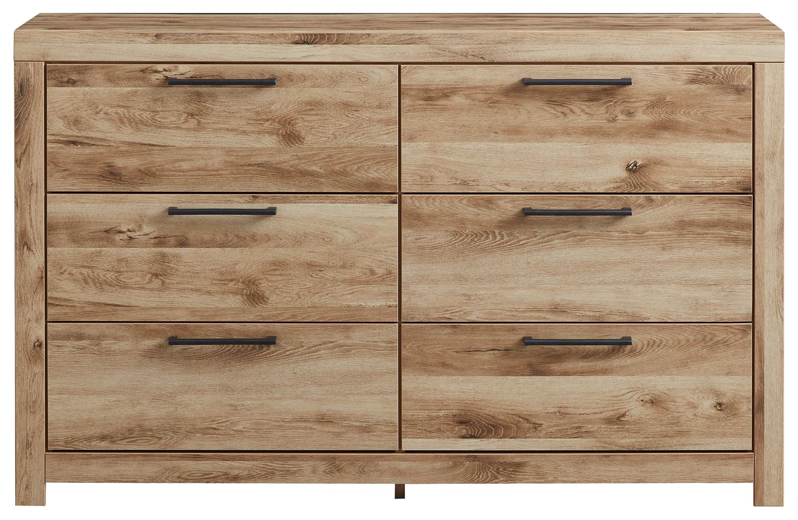 Tan wood six-drawer dresser with 6 drawers and metal bar pulls.