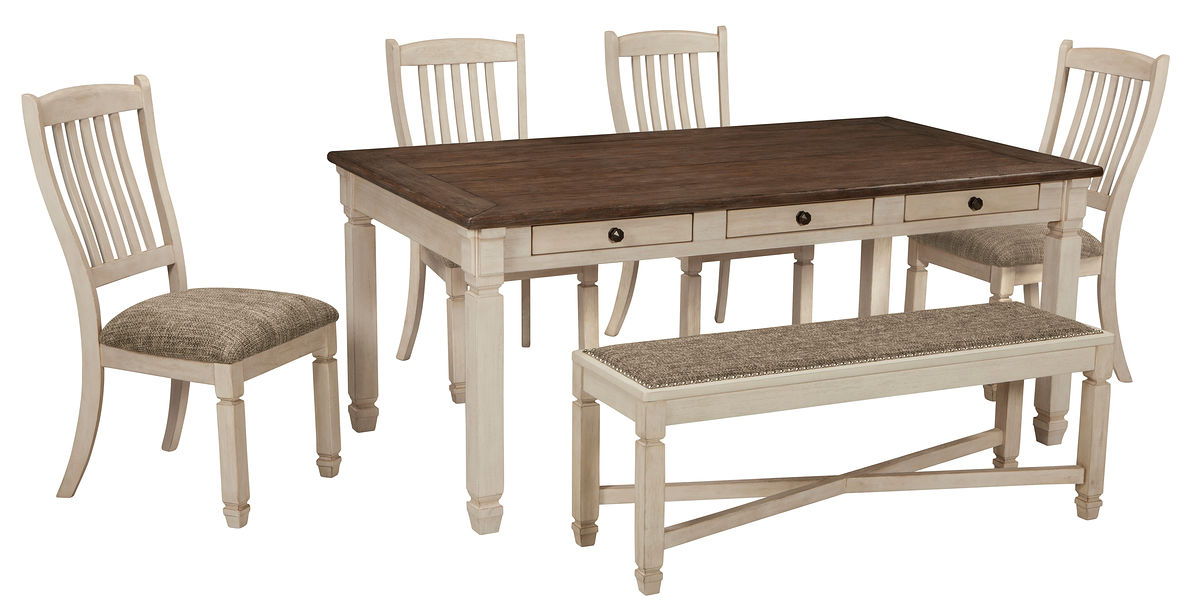 Rectangular dining table set with dark tabletop, beige chairs, and cushioned bench beneath