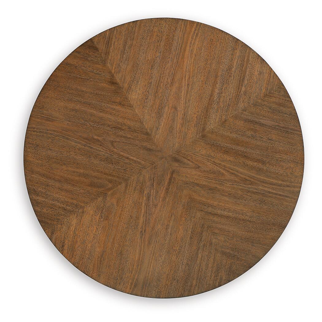Round light brown wood tabletop top view with radial grain pattern