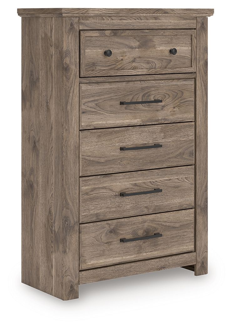Five-drawer chest in rustic light brown wood with five fronts and black metal pulls